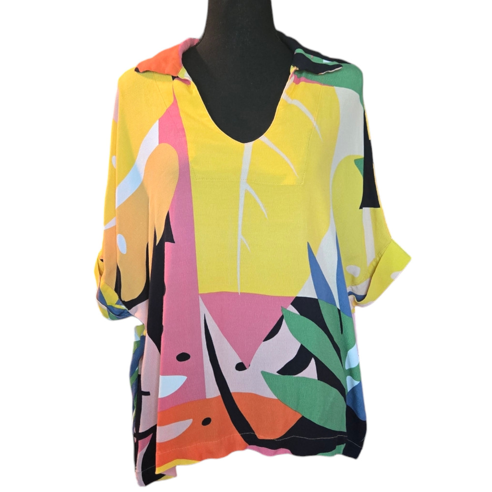 Karlie Tropical Colorful Palm Print Oversized Tunic Top Size Medium